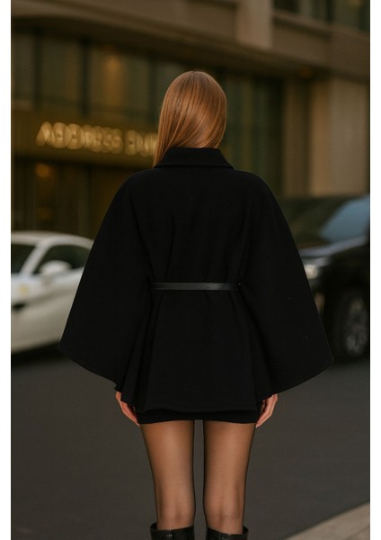 Kadın Siyah Şık Kaşe Panço Kemerli Premium Model