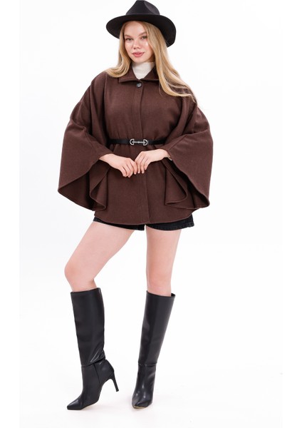 Kahverengi Kadın Kemerli Kaşe Panço – Günlük ve Şık Kombinlere Uygun Kışlık Panço fırsatları