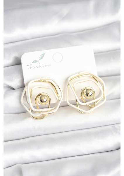 Pirinç Gold Renk Beyaz Mineli Geometrik Gül Model Kadın Küpe - TJ-BKP11375