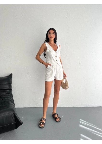 Kadın Keten Şort Yelek Takım S3461