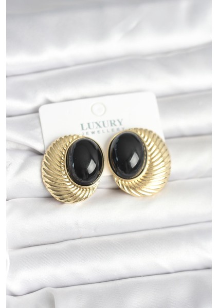 Pirinç Gold Renk Siyah Boncuklu Oval Vintage Kadın Küpe - TJ-BKP11390