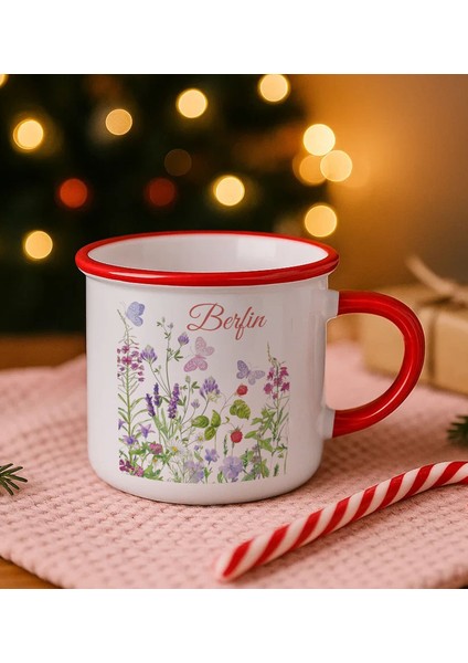 Kişiye Özel Çiçek Tasarımlı Kırmızı Emaye Kupa Bardak -12, Arkadaşa Hediye, Sevgiliye Hediye