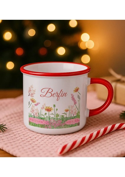 Kişiye Özel Çiçek Tasarımlı Kırmızı Emaye Kupa Bardak -14, Arkadaşa Hediye, Sevgiliye Hediye