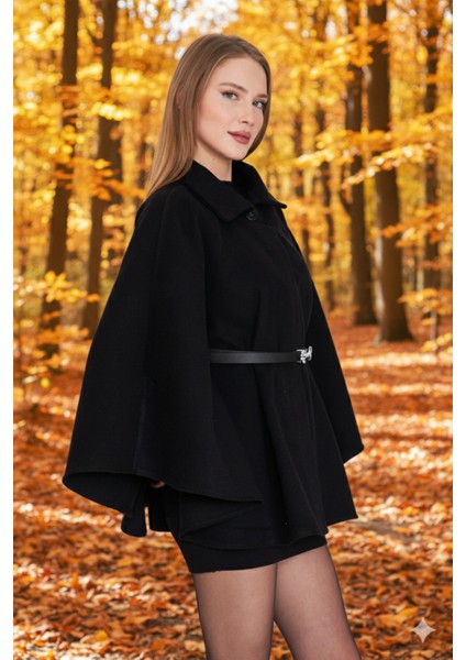 Siyah Prilika Kadın Kaşe Panço – Yeni Sezon 2025 Kemerli Model indirimleri