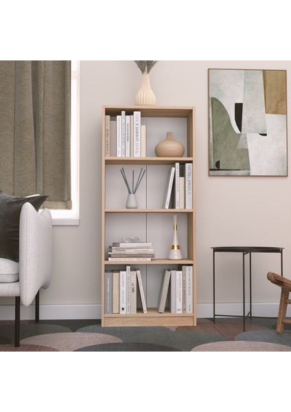Modern Çok Renkli Kitaplık – Minimalist 4 Raflı Depolama Ünitesi (Beyaz / Sonomo / Atlantik Çam)