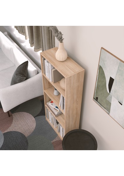 Modern Çok Renkli Kitaplık – Minimalist 4 Raflı Depolama Ünitesi (Beyaz / Sonomo / Atlantik Çam) modelleri
