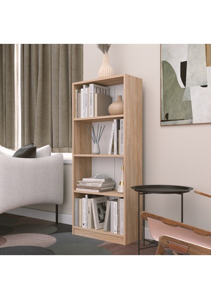 Modern Çok Renkli Kitaplık – Minimalist 4 Raflı Depolama Ünitesi (Beyaz / Sonomo / Atlantik Çam) fırsatları