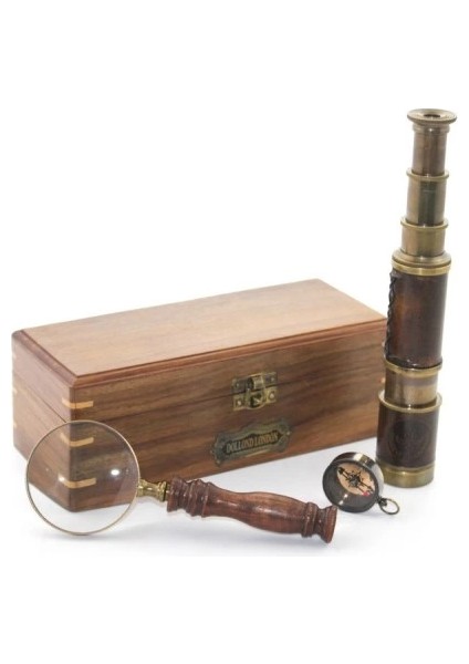 Ahşap Kutu Pirinç Pusula, Dürbün, Büyüteç, Seti Model 2