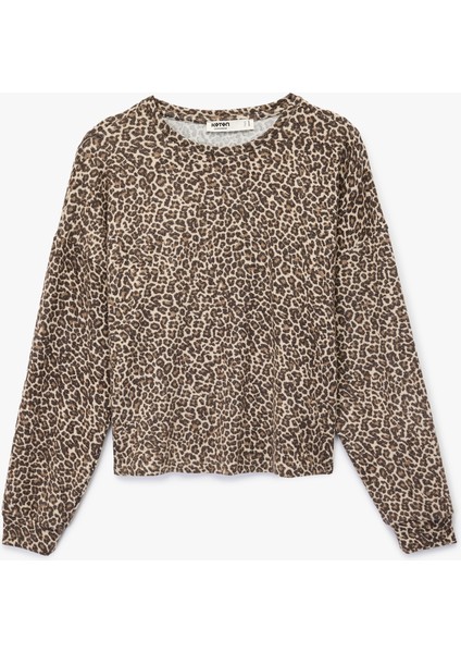 Leopar Desenli Uzun Kollu Bisiklet Yaka Viskon Karışımlı Pijama Üstü