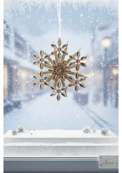 Kristal Taş Detaylı Altın Kar Tanesi Yılbaşı Ağaç Süsü