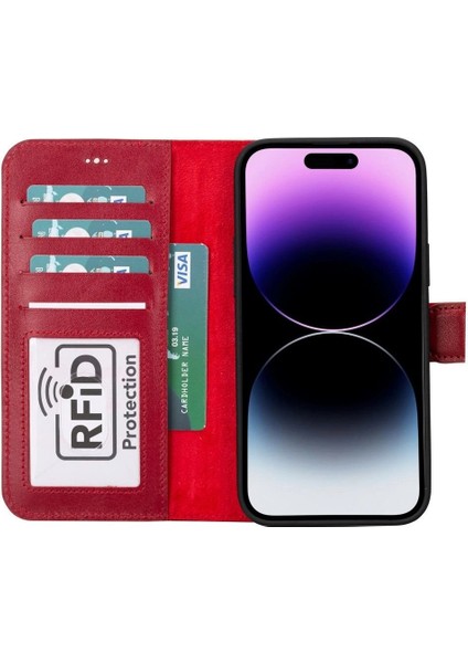 Apple iPhone 15 Plus Uyumlu Deri Cüzdanlı Kılıf Mwwn V4EF Kırmızı fiyatları