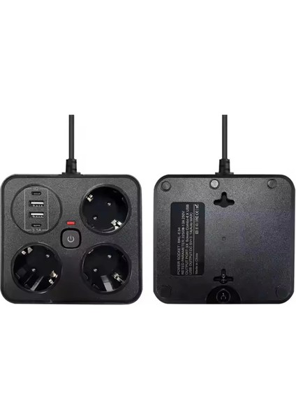 Akım Korumalı Anahtarlı Priz - 3x Priz - 2x USB - 2x Type-C - 2 mt Kablo Hızlı Şarj Özellikli Siyah