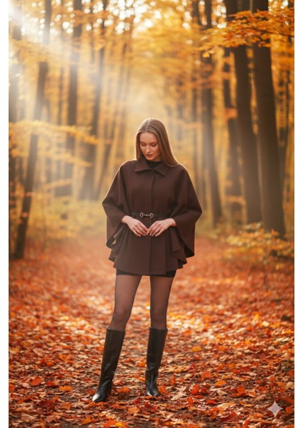 Kahverengi Prilika Kadın Kaşe Panço – Yeni Sezon 2025 Kemerli Model fiyatları