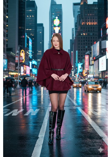 Prilika Kadın Bordo Kemerli Panço – 2025 Zarif Seçim