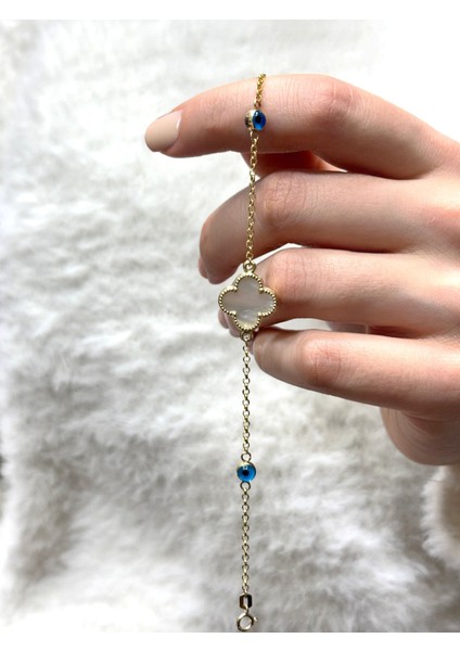 14 Ayar Altın Büyük Beyaz Sedefli Nazar Boncuklu Bileklik