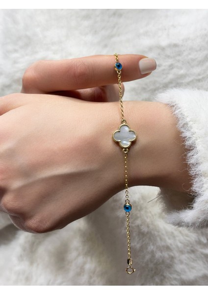 14 Ayar Altın Büyük Beyaz Sedefli Nazar Boncuklu Bileklik modelleri