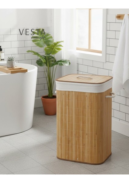 Doğal Bambu Kare Katlanabilir Kirli Çamaşır Sepeti - 75 Litre, Geniş Hacimli - Şık Tasarım