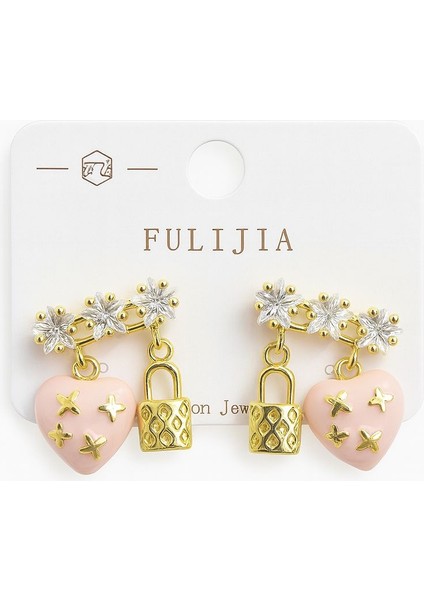 Pembe Kalp ve Kilit Charm Detaylı Gold Sallantılı Küpe – Taşlı Çiçek Model