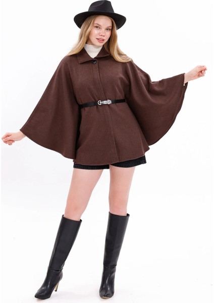 Prilika Kadın Kahverengi Kemerli Kaşe Pelerin Panço – 2025 Yeni Sezon Şıklığı