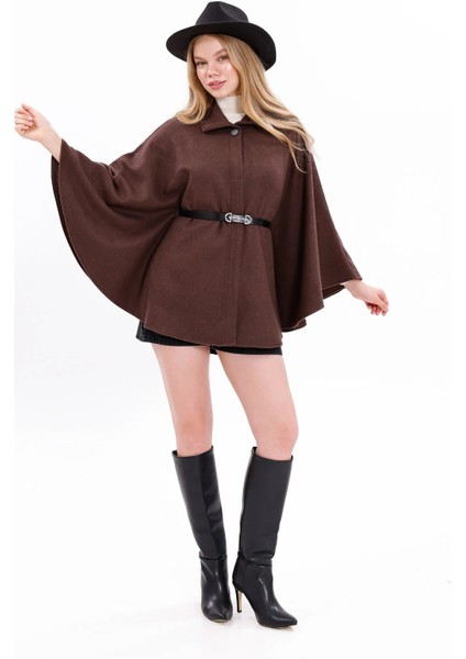 Prilika Kadın Kahverengi Kemerli Kaşe Pelerin Panço – 2025 Yeni Sezon Şıklığı