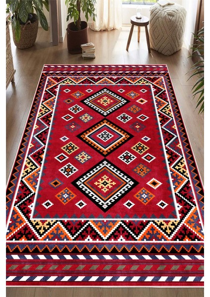 Kırmızı Etnik Kilim Desenli Dijital Baskılı Kaymaz Taban Yıkanabilir Halı