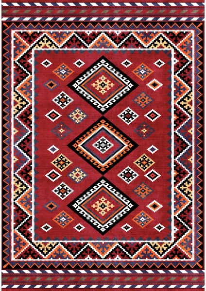 Kırmızı Etnik Kilim Desenli Dijital Baskılı Kaymaz Taban Yıkanabilir Halı fiyatları