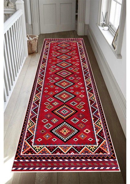 Kırmızı Etnik Kilim Desenli Dijital Baskılı Kaymaz Taban Yıkanabilir Halı modelleri