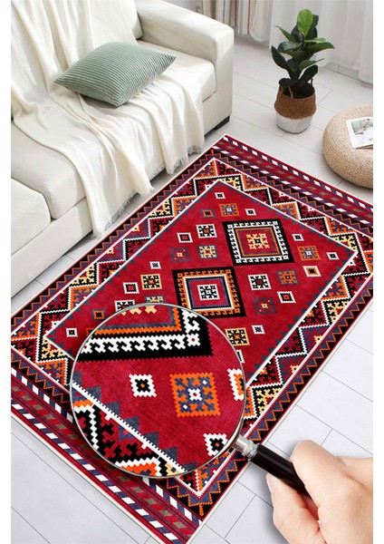 Kırmızı Etnik Kilim Desenli Dijital Baskılı Kaymaz Taban Yıkanabilir Halı fırsatları