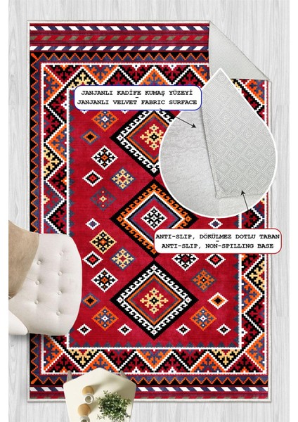 Kırmızı Etnik Kilim Desenli Dijital Baskılı Kaymaz Taban Yıkanabilir Halı indirimleri