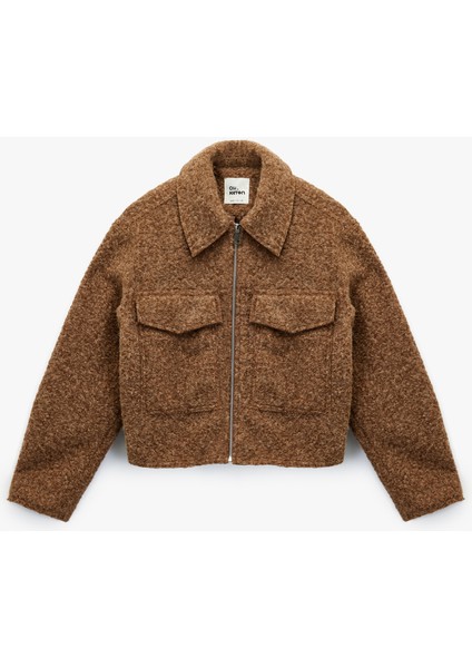 Fermuarlı Cepli Uzun Kollu Kısa Peluş Ceket