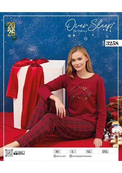 Bayan Yılbaşı Poleren Kırmızı U.kol Pijama Takım-Kırmızı-