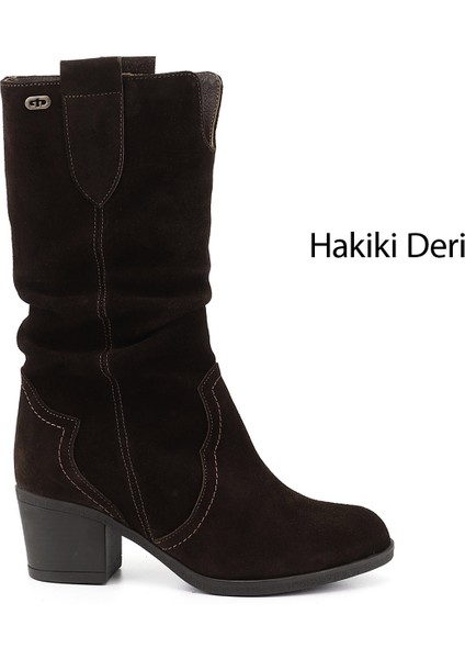 Kadın Kahve Süet Kalın Topuklu Körüklü Hakiki Deri Çizme