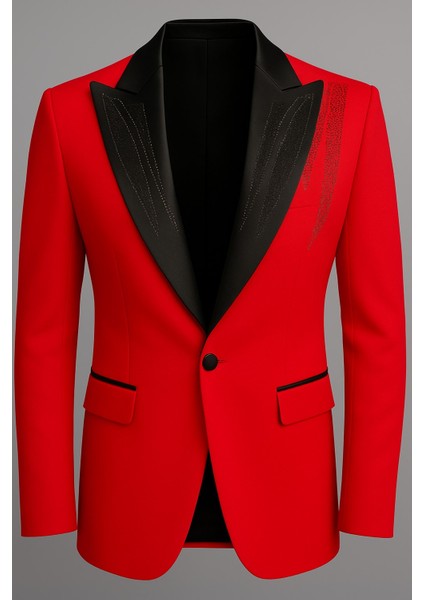 Erkek Siyah Taş Detaylı Saten Yaka Blazer Ceket – Özel Tasarım Şık Damatlık & Gece Kombini