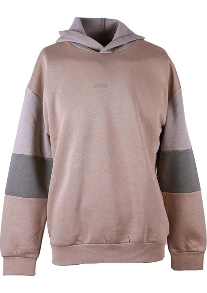 Üç Ip Şardonlu Bisiklet Yaka Parçalı Vizon Erkek Sweatshirt 5298