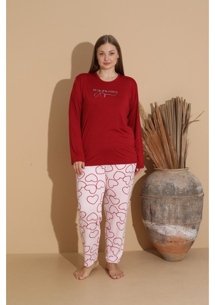 0130 Bayan Milan Battal Boy Pijama Takımı--Bordo--