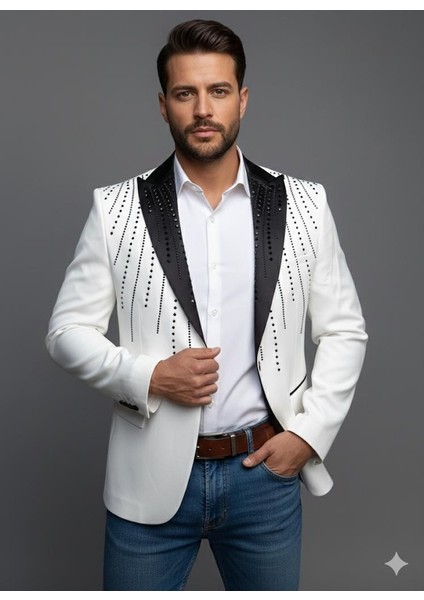 Erkek Siyah Taş Detaylı Saten Yaka Blazer Ceket – Özel Tasarım Şık Damatlık & Gece Kombini fiyatları