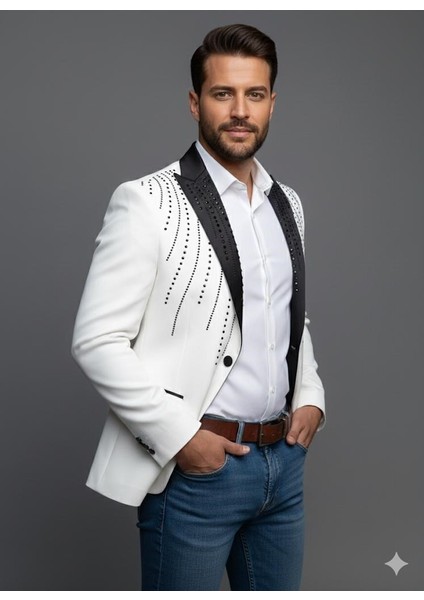 Erkek Siyah Taş Detaylı Saten Yaka Blazer Ceket – Özel Tasarım Şık Damatlık & Gece Kombini modelleri