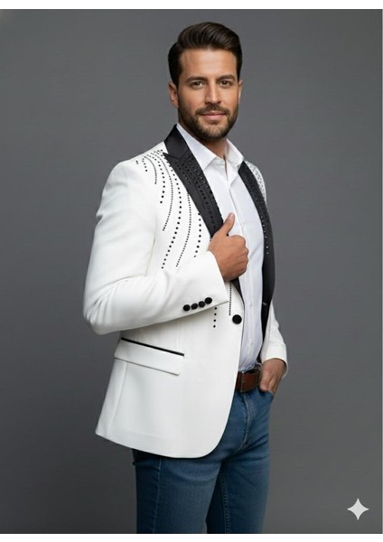 Erkek Siyah Taş Detaylı Saten Yaka Blazer Ceket – Özel Tasarım Şık Damatlık & Gece Kombini fırsatları