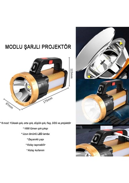 6 Mod Şarjlı El Feneri Projektör Tipi WT-615
