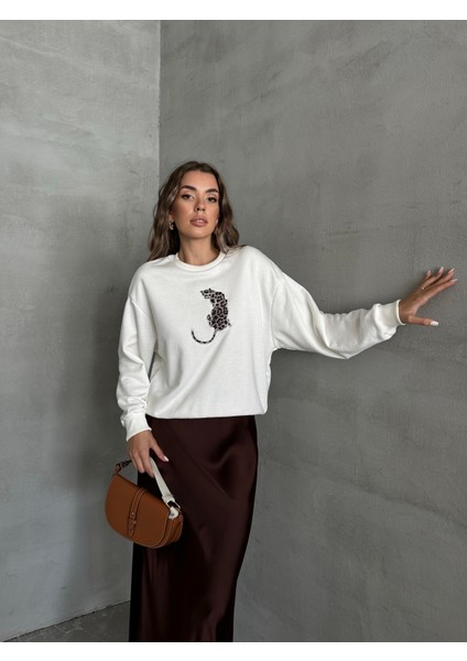 Leopar Baskılı Sweat Ekru
