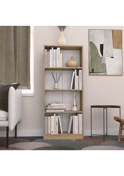 Modern Çok Renkli Kitaplık – Minimalist 4 Raflı Depolama Ünitesi (Beyaz / Sonomo / Atlantik Çam)