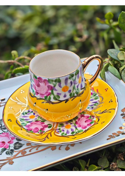 El Boyama Porselen Osmanlı Saray Kahve Fincanı-Canlı Sarı 1 Adet