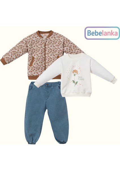 Kız Çocuk Çiçekli Bomber Ceket Sweatshirt ve Jean Pantolon 3'lü Takım