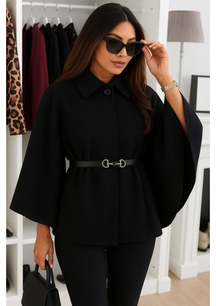 Şık Kadın Kaşe Panço Siyah | Kemerli Model ile Kış Modası