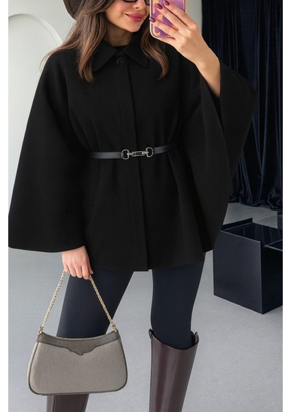 Şık Kadın Kaşe Panço Siyah | Kemerli Model ile Kış Modası modelleri