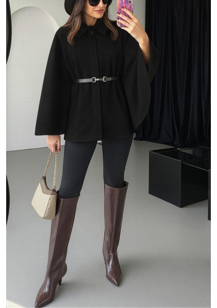 Şık Kadın Kaşe Panço Siyah | Kemerli Model ile Kış Modası indirimleri