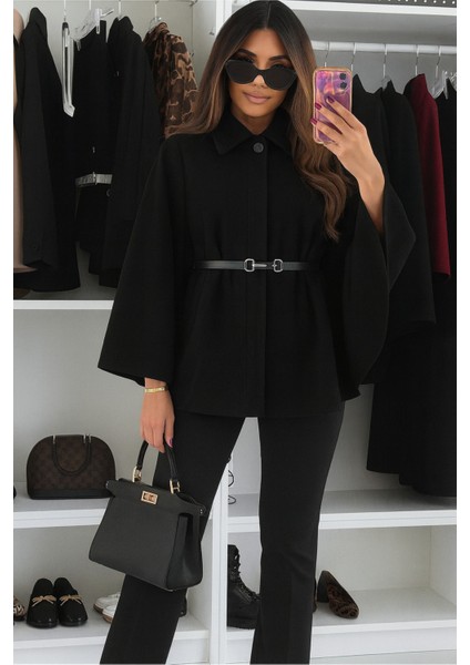 Şık Kadın Kaşe Panço Siyah | Kemerli Model ile Kış Modası