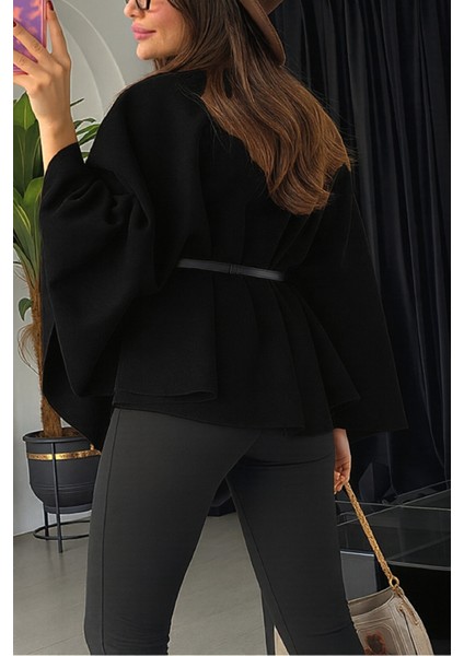 Şık Kadın Kaşe Panço Siyah | Kemerli Model ile Kış Modası