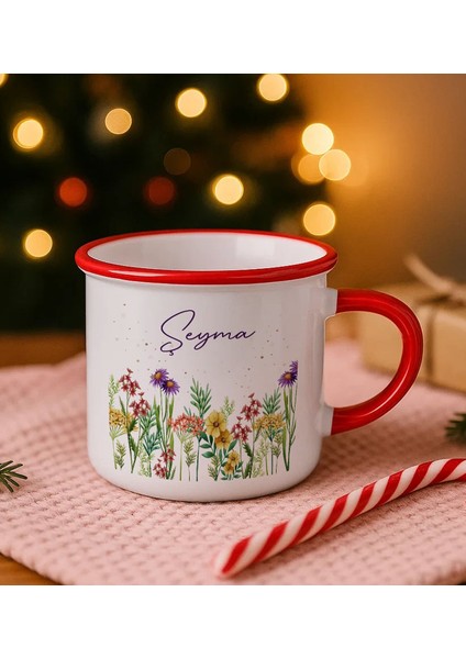 Kişiye Özel Çiçek Tasarımlı Kırmızı Emaye Kupa Bardak -7, Arkadaşa Hediye, Sevgiliye Hediye