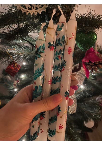 Yılbaşı El Çizimi Şamdan Mum 4'lü Set